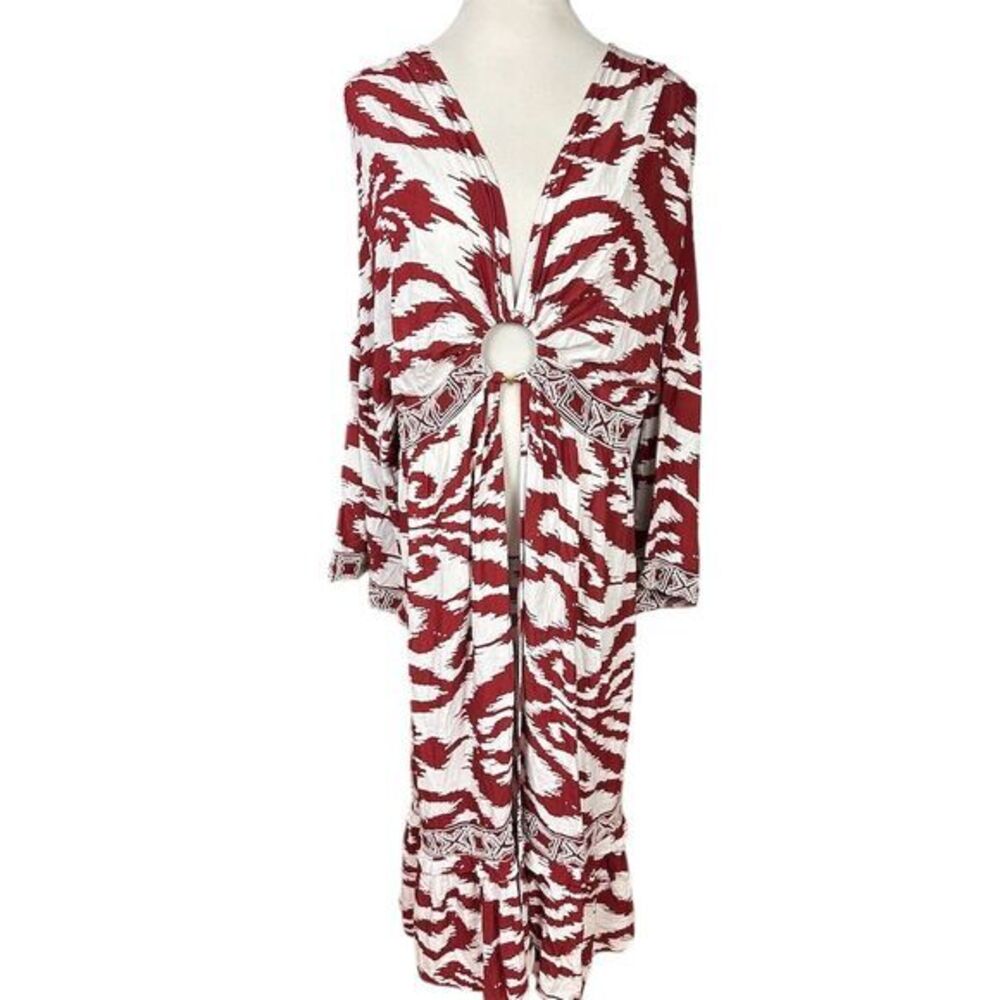 NWT Anthropologie Women's Red Printed Front Ring Kaftan Cover Up Kimono Size M/L - Picture 2 of 10
